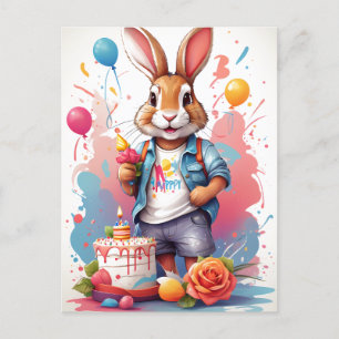 Carte Postale Lapin heureux avec gâteau