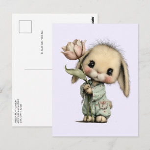 Carte Postale Lapin mignon tenant une Tulipe