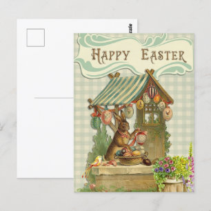 Carte Postale Lapin rétro vintage avec oeufs de Pâques