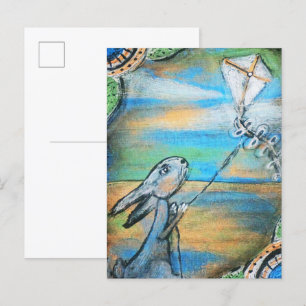 Carte Postale Lapin volant un cerf-volant