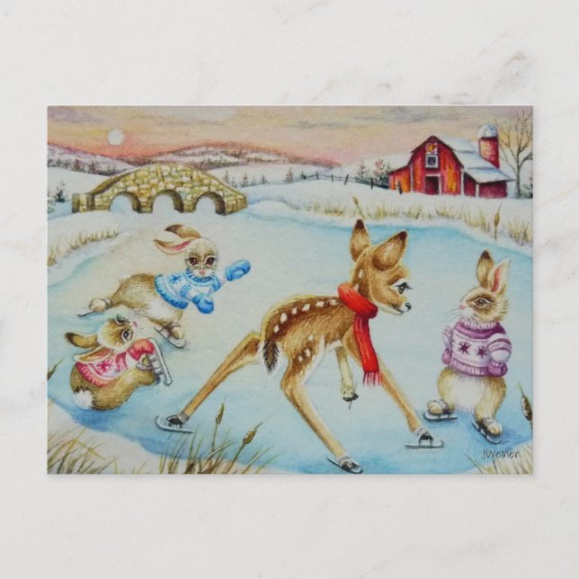 Carte Postale Lapins de Pâques & Faon Patin à Glace Art à l'Aqua (Devant)