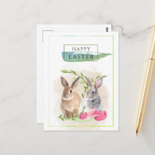 Carte Postale Lapins de Pâques mignons   Art aquarelle Joyeuses 