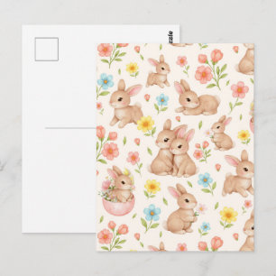 Carte Postale Lapins printaniers doux & motif de jardin floral