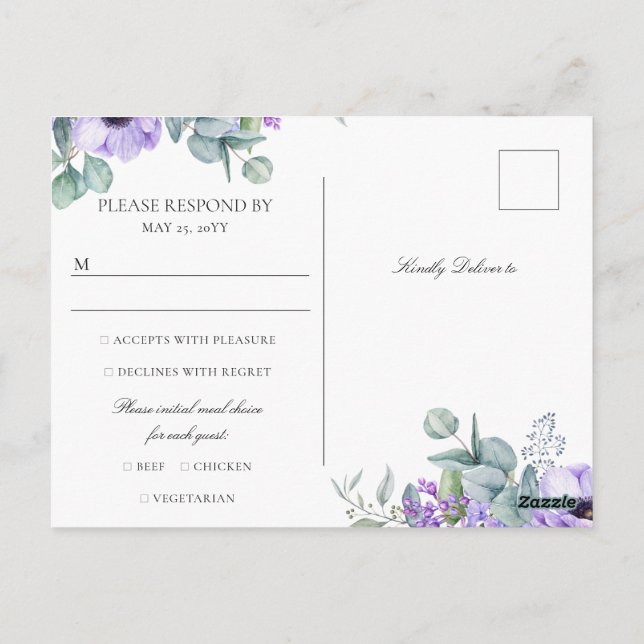 Carte Postale Larissa Purple Floral Meal Choice Wedice RSVP (Dos)