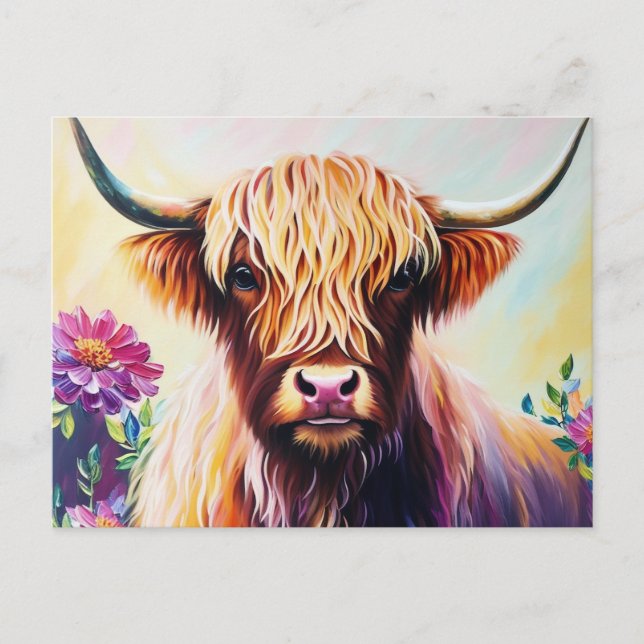 Carte Postale L'art floral coloré de la vache des Highlands (Devant)