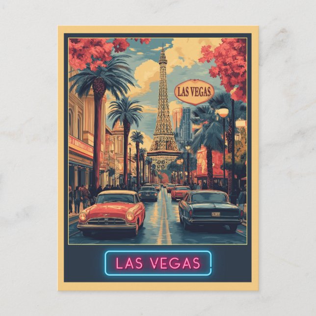 Carte Postale Las Vegas Cityscape avec Tour Eiffel - Rétro (Devant)