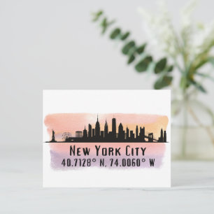 Carte Postale Latitude et longitude de la skyline de New York Ci