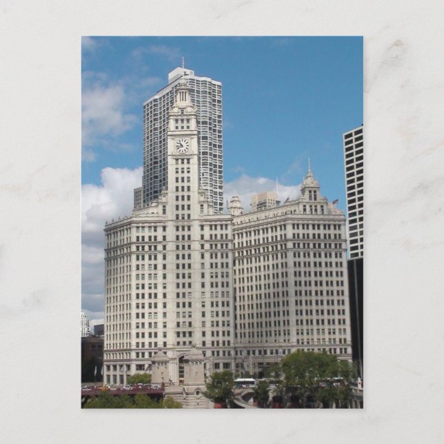 Carte Postale Le bâtiment Wrigley, Chicago, par une belle journé (Devant)