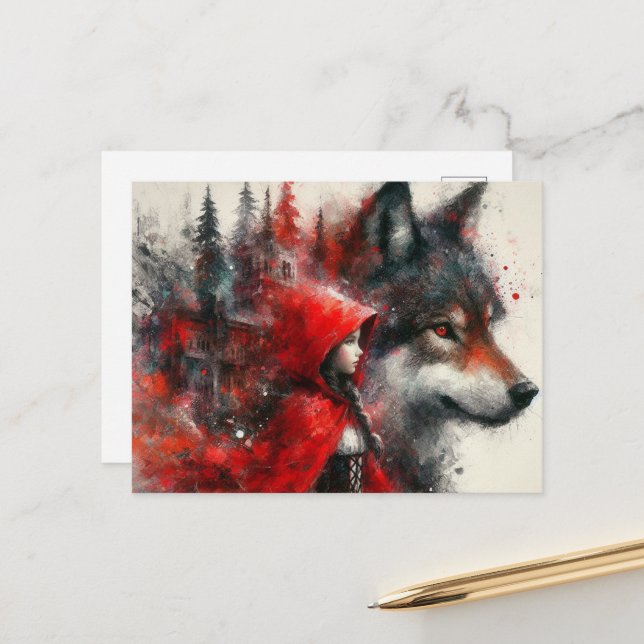 Carte Postale Le Bon Loup Montre Sur Le Petit Rouge (Devant/Arrière en situation)