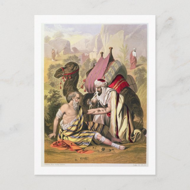 Carte Postale Le Bon Samaritain, tiré d'une bible imprimée par E (Devant)