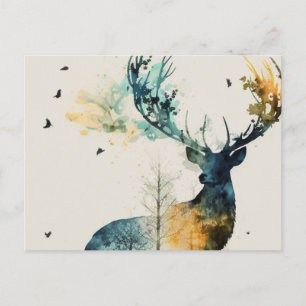 Carte Postale Le cerf d'aquarelle dans la forêt