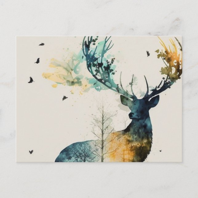 Carte Postale Le cerf d'aquarelle dans la forêt (Devant)