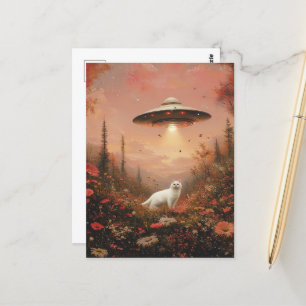 Carte Postale Le chat blanc et un OVNI