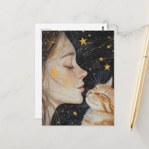 Carte Postale Le chat roux mignon et une femme