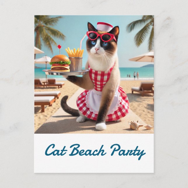 Carte Postale Le chat sert un hamburger pour la fête de plage (Devant)