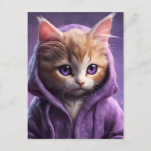 Carte Postale Le chaton dans un Sweat - shirt à capuche pourpre