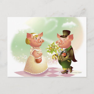 Carte Postale Le cochon mâle donne un bouquet de fleurs à un coc