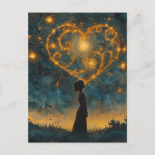 Carte Postale Le coeur dans le ciel et une jeune fille stupéfait