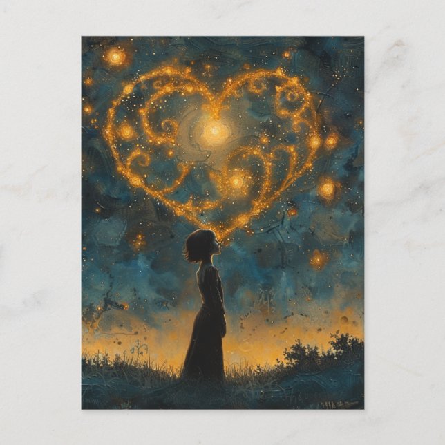 Carte Postale Le coeur dans les étoiles et une fille stupéfaite (Devant)
