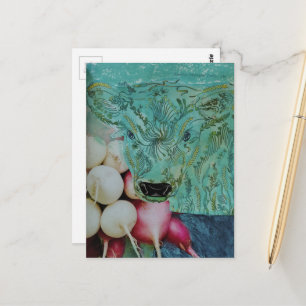 Carte Postale Le collage de la vache verte mignonne et des radis