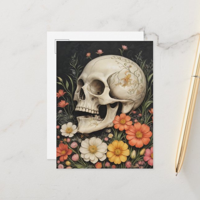 Carte Postale Le crâne humain en fleurs (Devant/Arrière en situation)