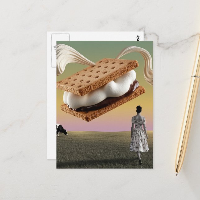 Carte Postale Le dessert au chocolat volant (Devant/Arrière en situation)