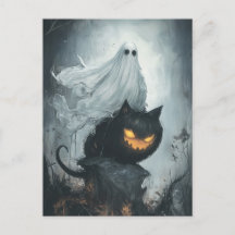 Le fantôme d'Halloween à cheval sur un chat noir