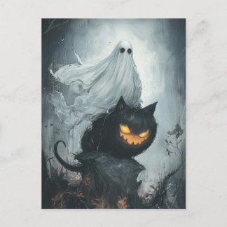 Carte Postale Le fantôme d'Halloween à cheval sur un chat noir