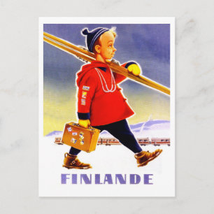 Carte Postale Le garçon va skier en Finlande pour les vacances d