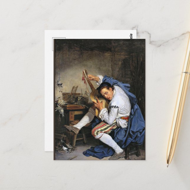 Carte Postale Le guitariste, art de Jean-Baptiste Greuze, (Devant/Arrière en situation)