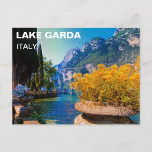 Carte Postale Le lac de Garde et les fleurs jaunes Peinture à l'