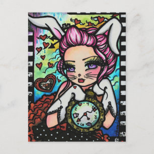 Carte Postale Le lapin blanc Alice Fairy Imaginaire Art Girl