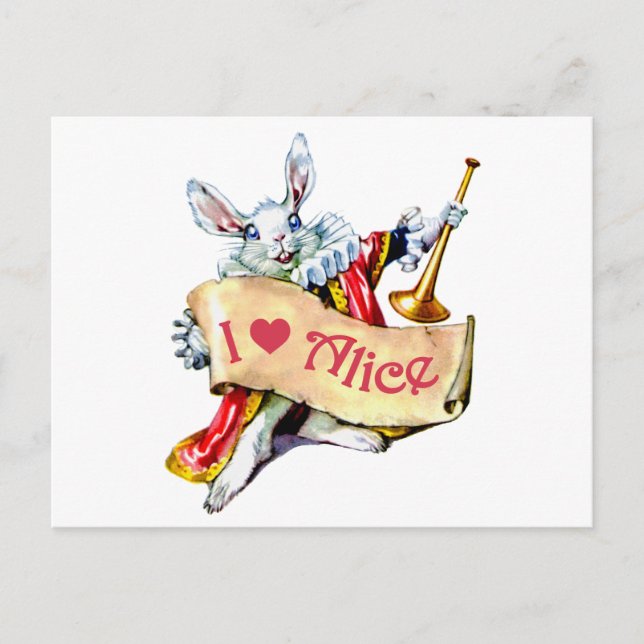 Carte Postale Le lapin blanc d'Alice dit : "J'aime Alice" (Devant)