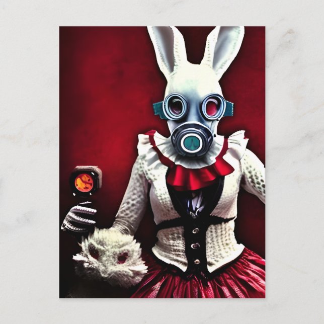 Carte Postale Le lapin blanc dans un masque à gaz (Devant)