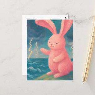 Carte Postale Le lapin rose surréaliste calme l'orage