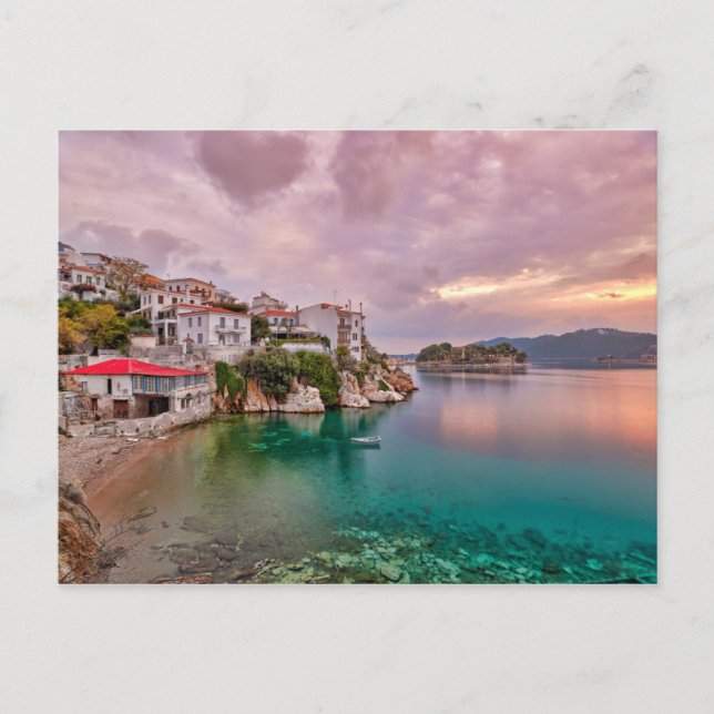 Carte Postale Le lever du soleil au vieux port de Skiathos, Grèc (Devant)
