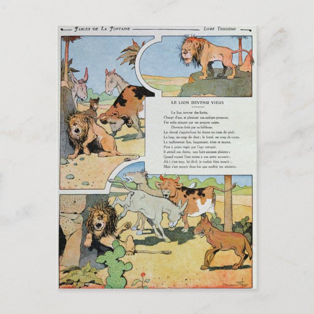 Carte Postale Le lion vieillissant, des fables (Devant)
