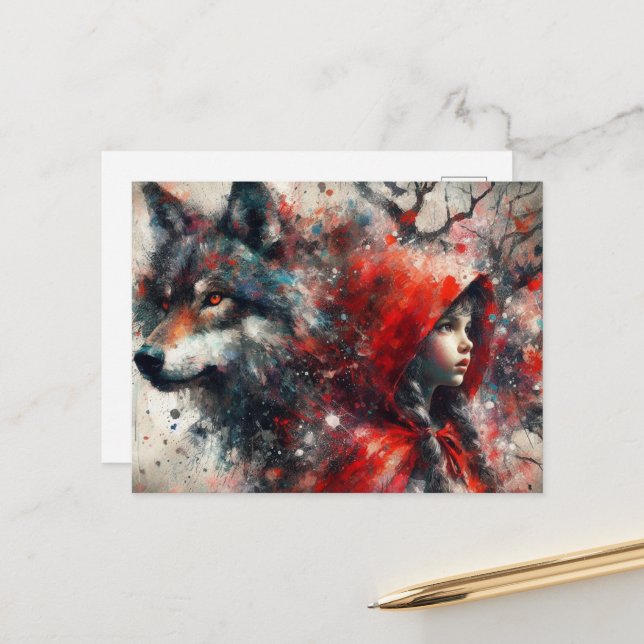 Carte Postale Le Loup Surveille Le Petit Grunge Rouge (Devant/Arrière en situation)