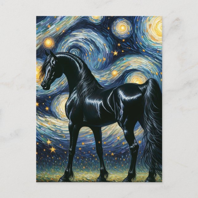 Carte Postale Le magnifique étalon noir dans la nuit étoilée (Devant)