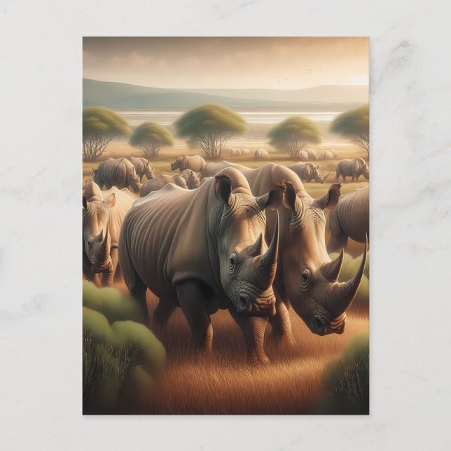 Carte Postale Le majestueux Rhinos parcourant les champs (Devant)