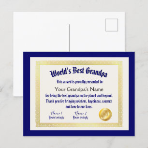 Carte Postale Le meilleur certificat grand-père du monde Funny m