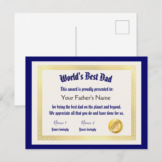 Carte Postale Le meilleur certificat papa du monde Funny moderne (Devant / Derrière)