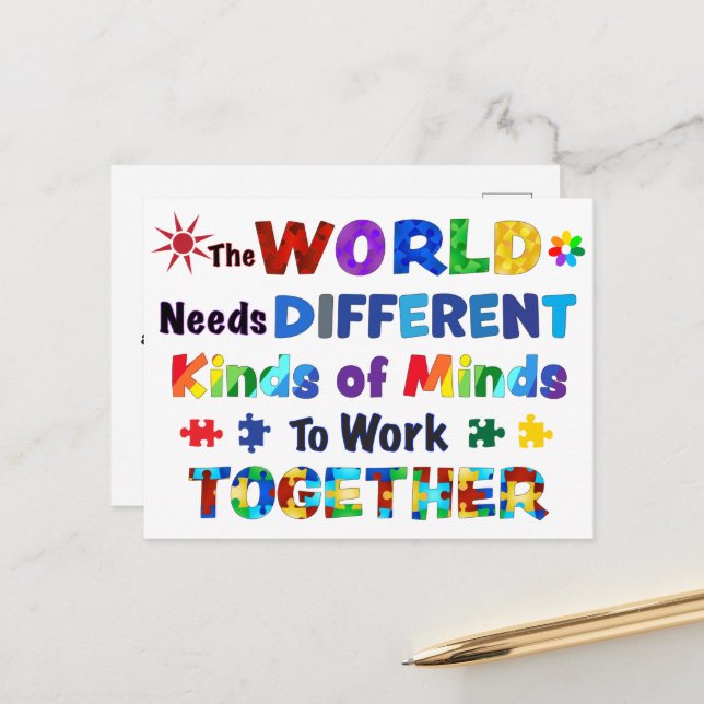 Carte Postale Le monde a besoin de différents types d'esprit (Devant/Arrière en situation)