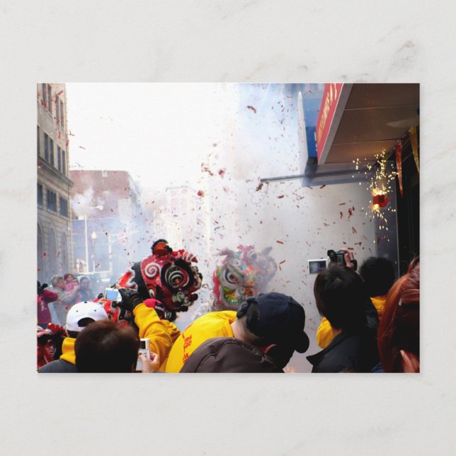 Carte Postale Le Nouvel An Chinois, pétards et lions (Devant)