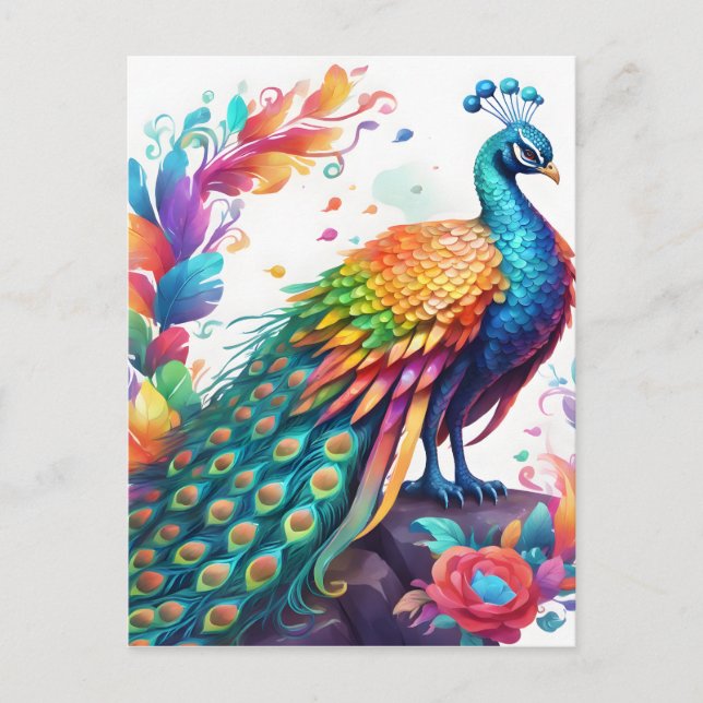 Carte Postale Le paon est un oiseau aux couleurs vives, connu (Devant)