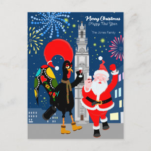 Carte Postale Le Père Noël et le Coq trinquent à la nouvelle ann