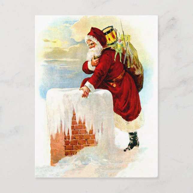 Carte Postale Le père noël vient par la cheminée avec des jouets (Devant)