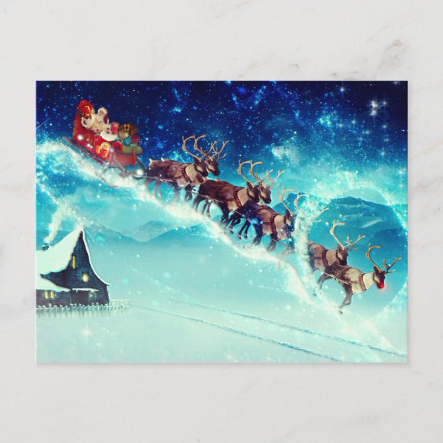 Carte Postale Le Père Noël vole avec un renne (Devant)