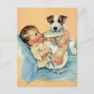 Carte Postale Le petit garçon Vintage mûr avec une bouteille et 