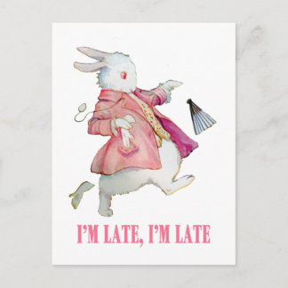 CARTE POSTALE LE RABBIT BLANC D'ALICE DIT : "JE SUIS EN RETARD, 
